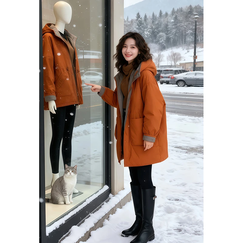 SHALLDOER【悉尼冬日】韩式中长款连帽棉服女冬季大气保暖时髦外套