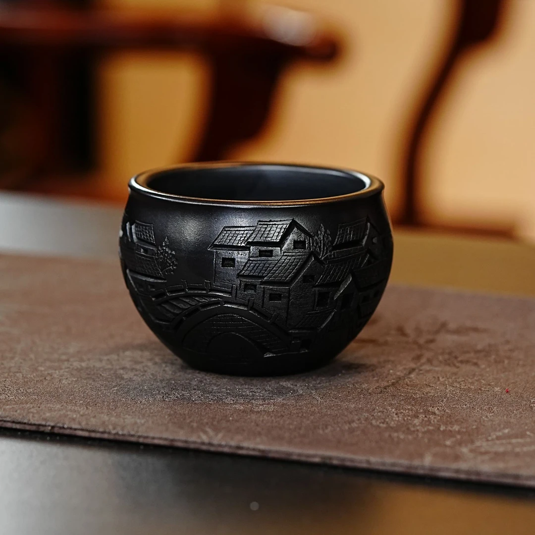 【缸杯】宜兴原矿正宗紫砂石黄名家高档纯手工刻绘江南古韵主人杯