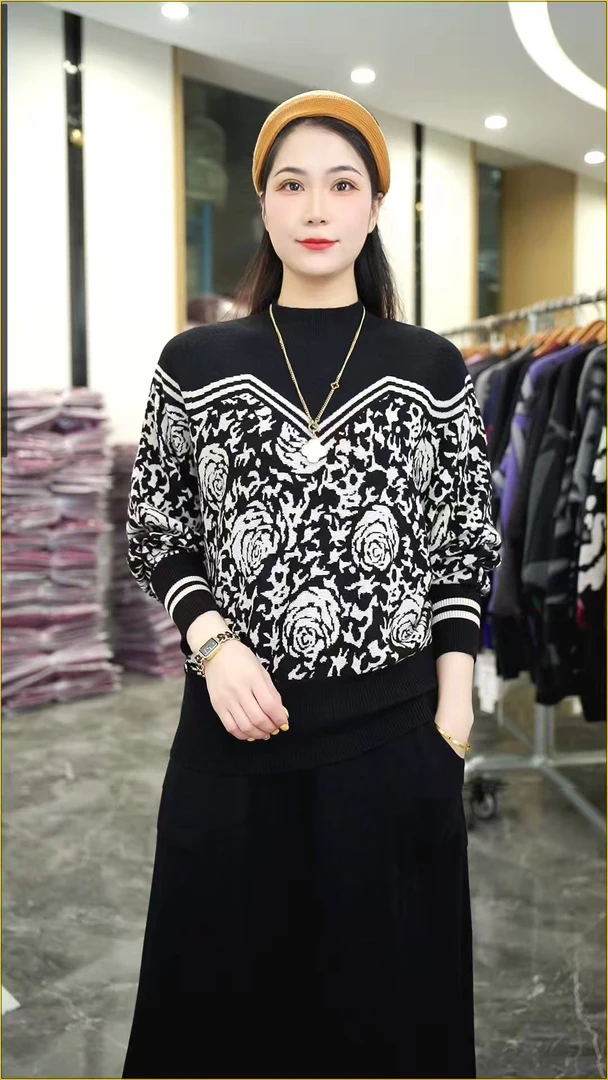 加厚保暖【黑花彩】秋冬必备时尚高端大气上档次高档毛衣上衣-6527#