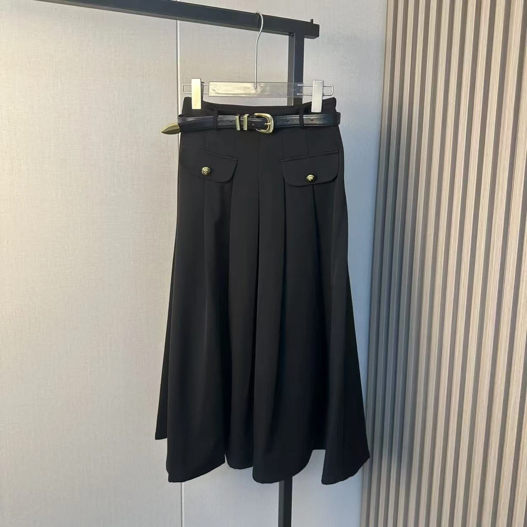 黑色p家秋冬新款腰带百褶丝-毛半身裙