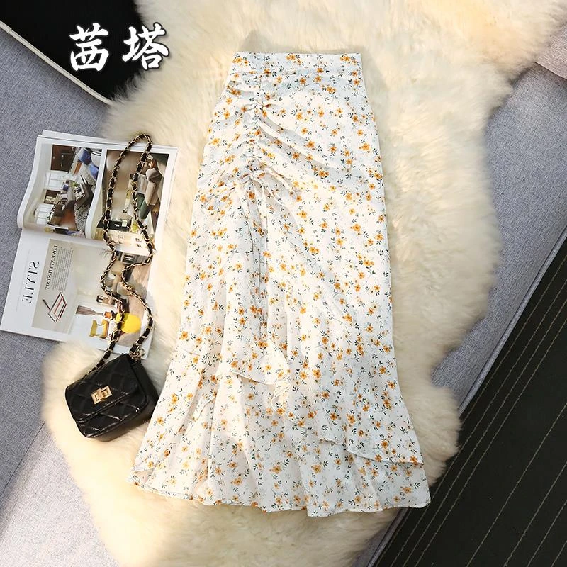 不规则雪纺碎花半身裙女夏季2025年新款中长款高腰a字包臀鱼尾裙