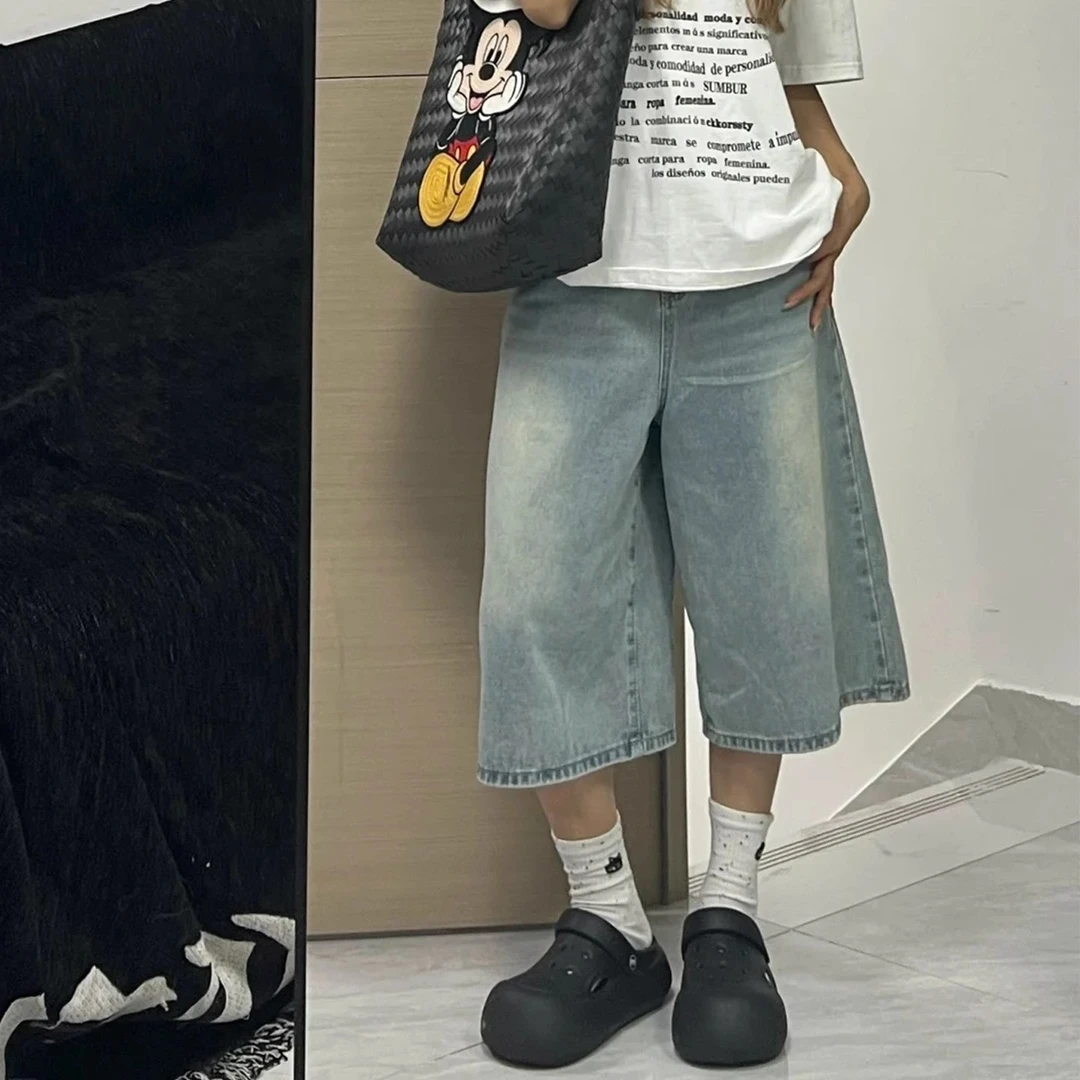 七分牛仔裤女小个子夏季新款胖妹妹宽松显瘦梨形身材蓝色阔腿短裤