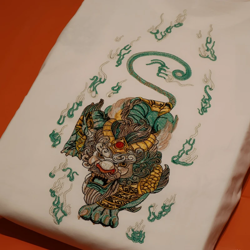 T228中国风貔貅国潮重工刺绣麒麟短袖T恤男夏季新款潮牌半袖上衣