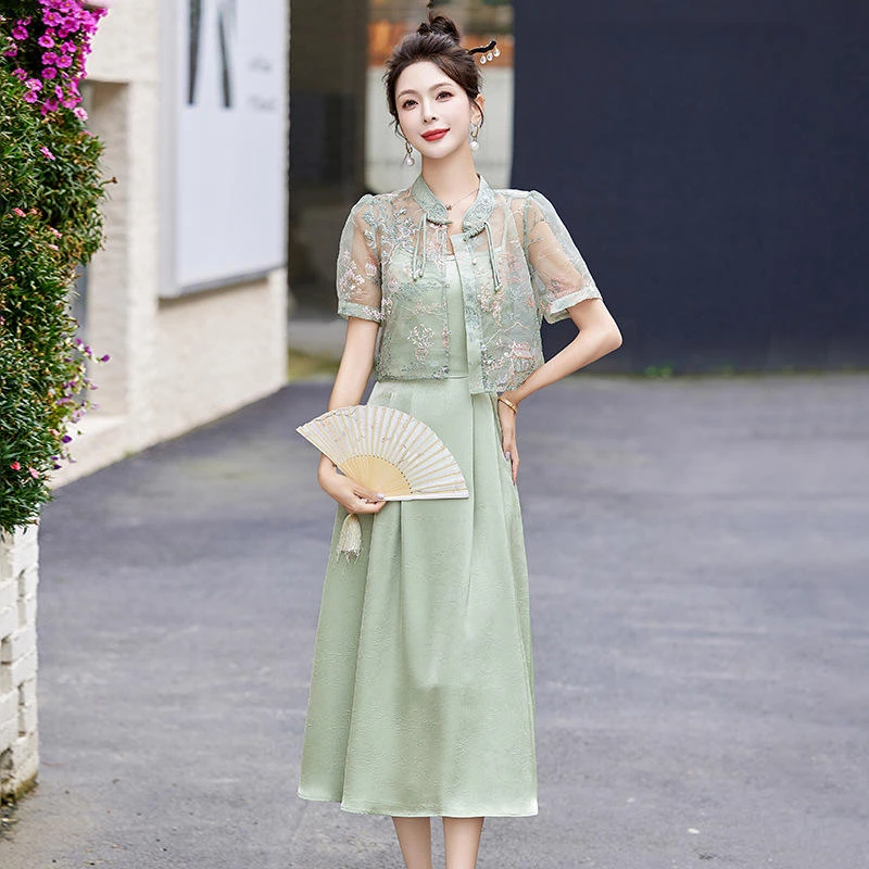 夏季新款新中式刺绣上衣搭配纯色吊带裙两件套连衣裙LM6901套装