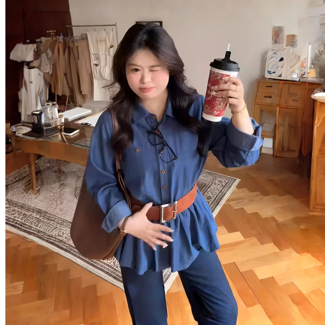 大码胖妹妹韩系减龄显瘦仿牛仔衬衫女2025秋季新款显瘦长袖上衣女
