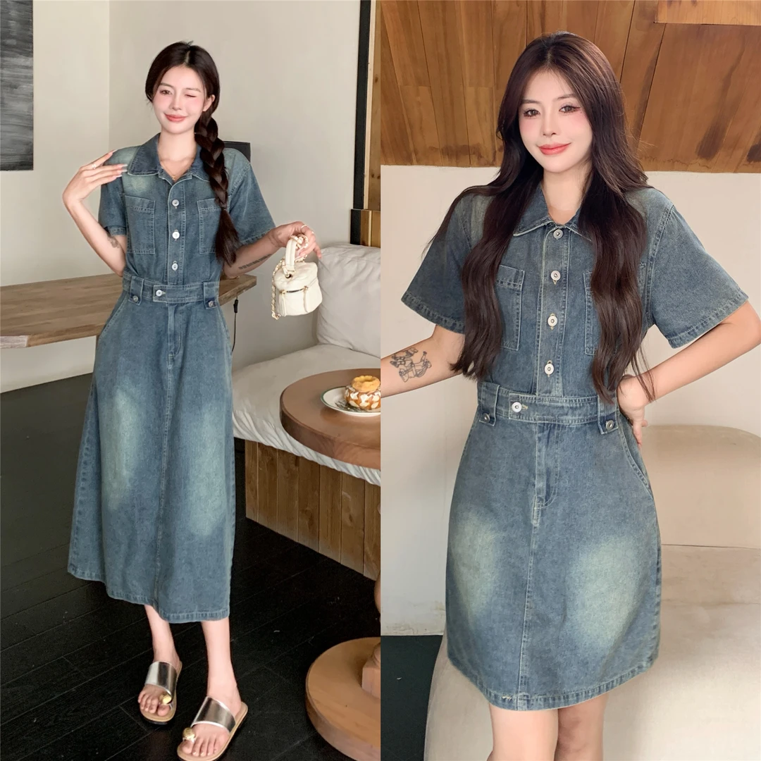 大码女装显瘦中长款短袖牛仔连衣裙胖mm夏季新款闺蜜装收腰裙9219