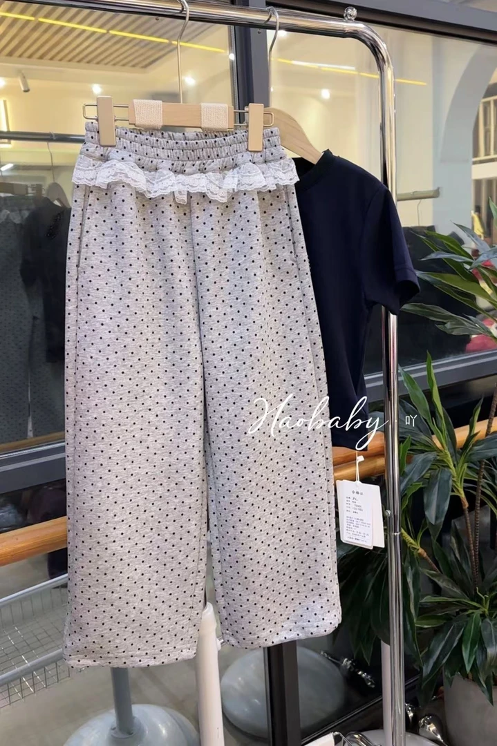 【豪宝贝】2025春夏款波点蕾丝边休闲直筒卫裤5095