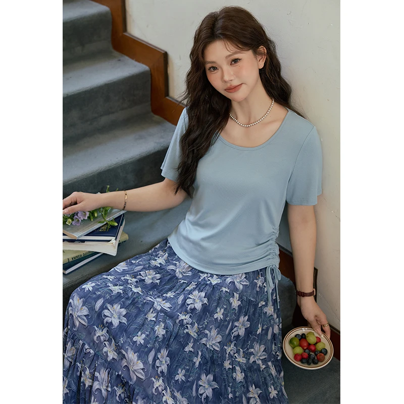 【海盐天空】五季家大码显瘦T恤显瘦上衣碎花长半裙两件套ZL106233