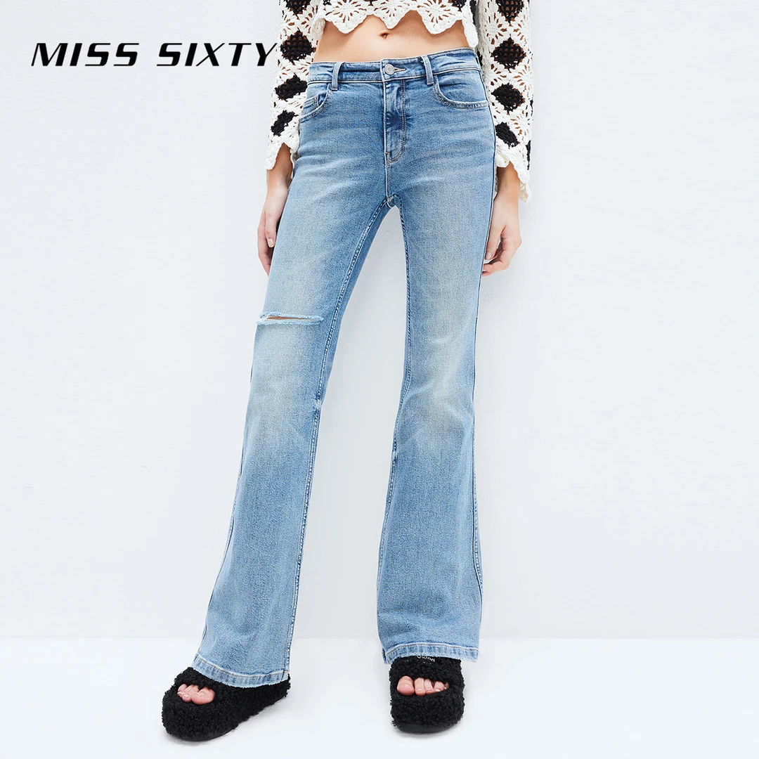 【进口棉系列】Miss Sixty牛仔裤女复古破洞个性休闲显瘦微喇叭裤