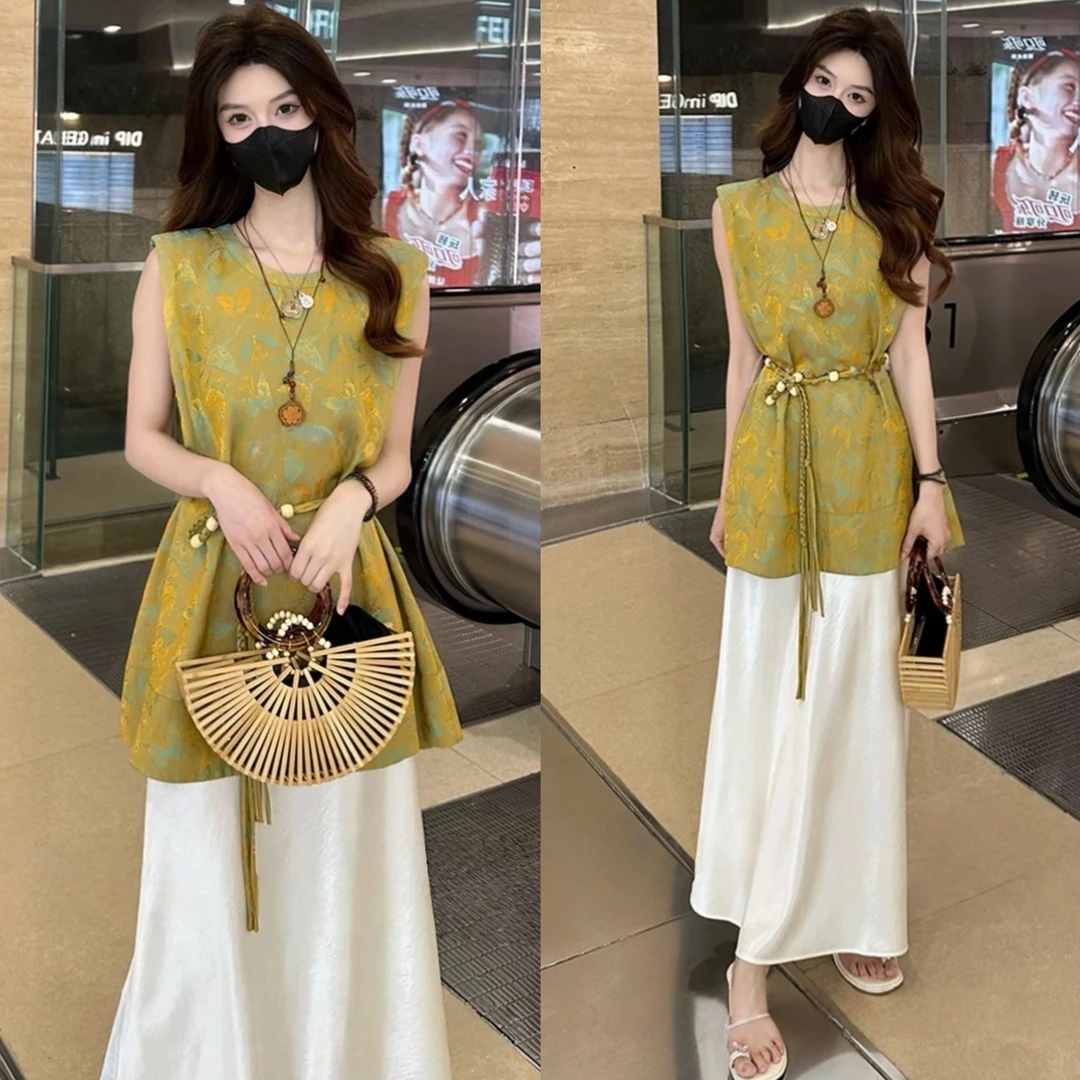 拉夏贝尔新中式连衣裙套装女夏季2025新款穿搭一整套半身裙两件套