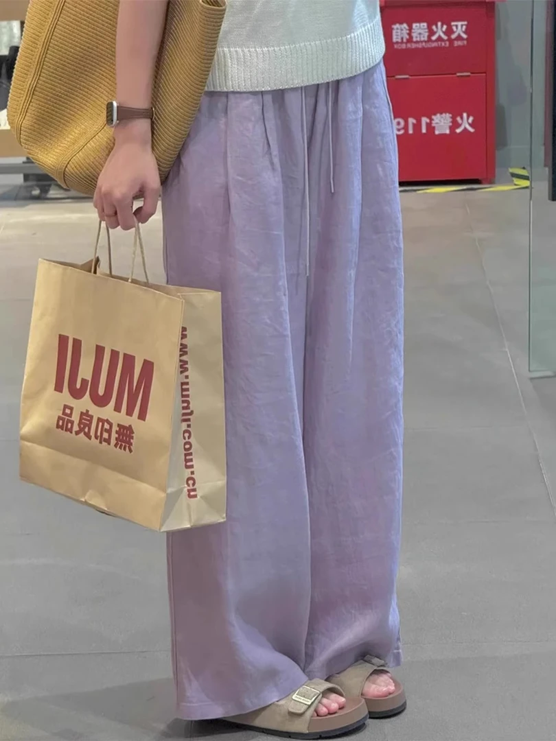 粉紫色冰丝亚麻阔腿裤女夏季薄款胖妹妹mm高腰显瘦垂感棉麻休闲裤