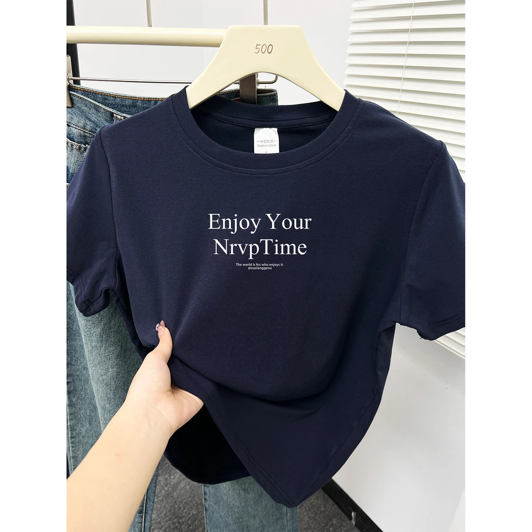 大码正肩短袖t恤女夏季新款胖mm遮肚子休闲圆领字母印花半袖上衣