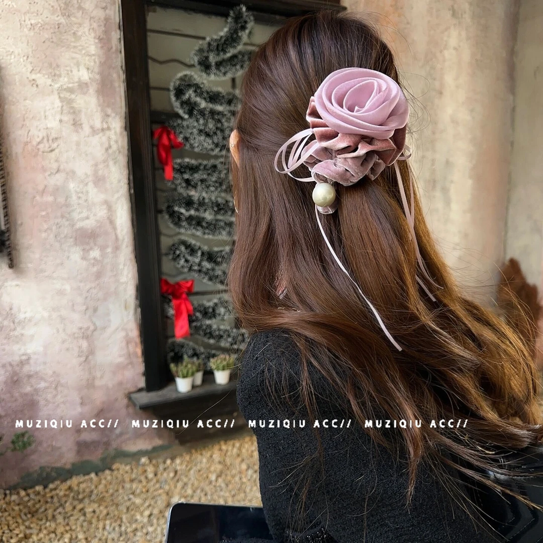 木子秋复古立体玫瑰花朵珠珠发圈高级感轻奢气质时尚温柔百搭发饰
