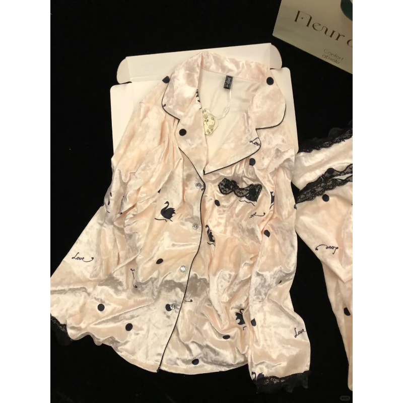 小众设计感波点蕾丝边性感气质睡衣女春秋季款舒适宽松套装家居服