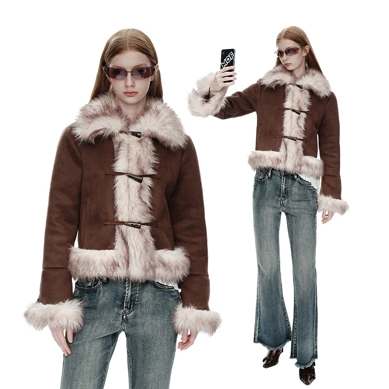 【自播】MOF礼物商店 新品麂皮皮毛一体显瘦复古毛绒拼接外套喇叭袖