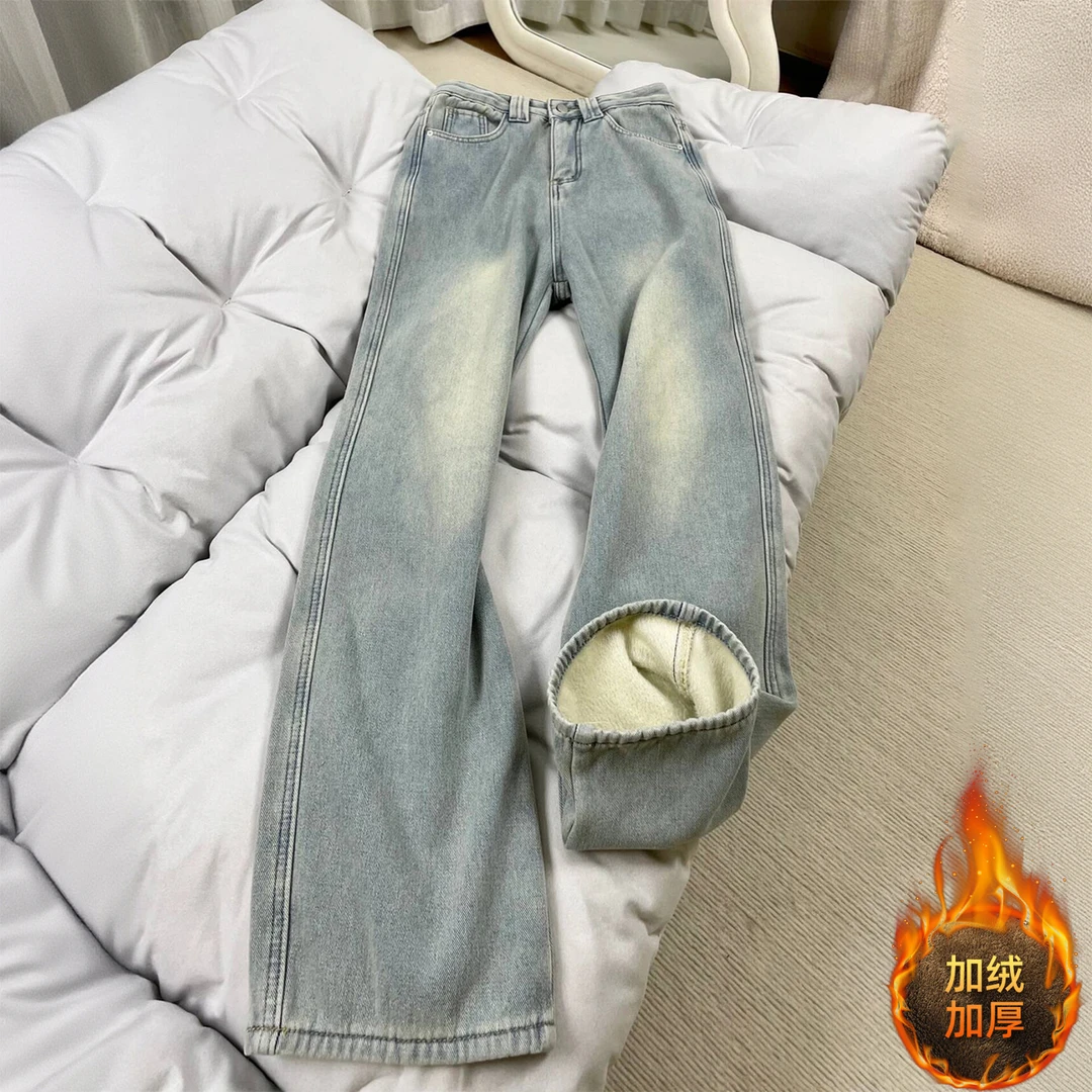 特大码女装韩版加绒直筒牛仔裤女复古垂感高腰宽松保暖加厚阔腿裤