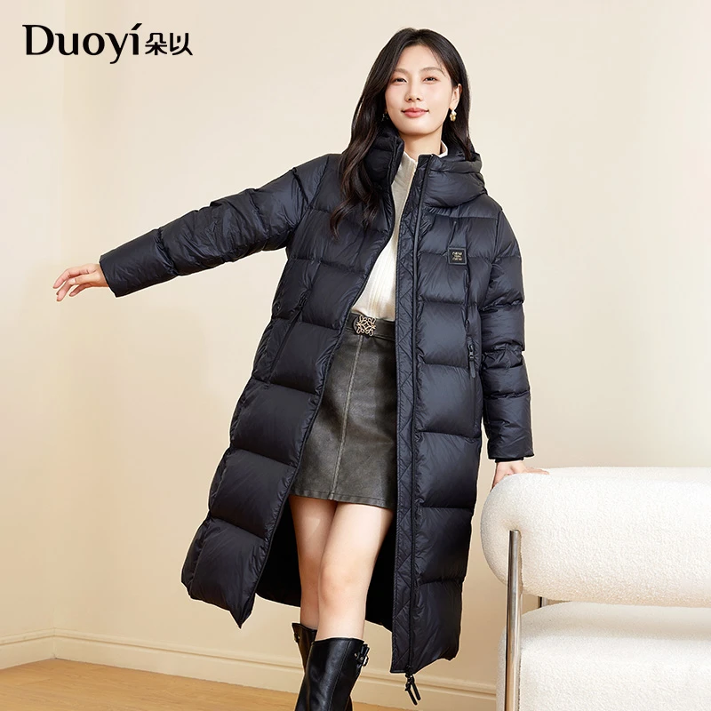 朵以2025秋冬新品通勤时尚连帽中长款羽绒服女39DD639006