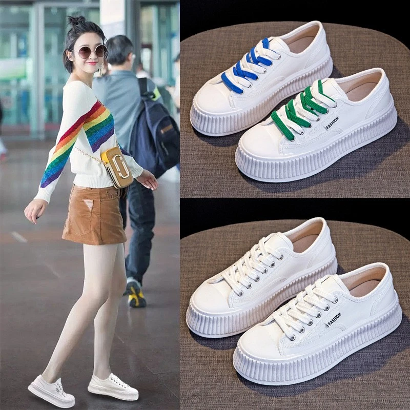 简约小白鞋女2025新款厚底搭牛仔裤休闲品质三色鞋带饼干鞋板鞋