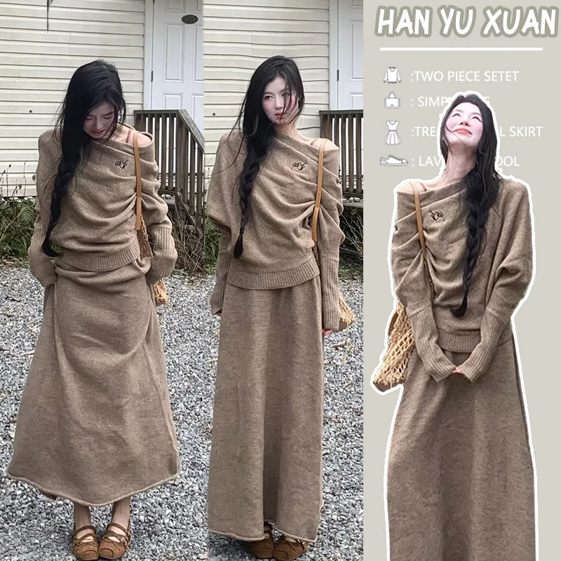 秋冬2025爆款孕妇装慵懒风羊毛针织露肩上衣搭配高级感半身裙套装