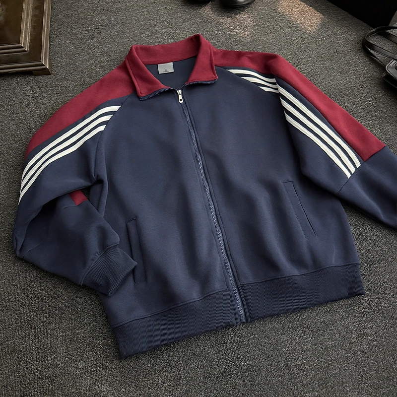 MZWRA翻领三条杠拼色卫衣外套男春秋季潮牌高级感爆款2025新款
