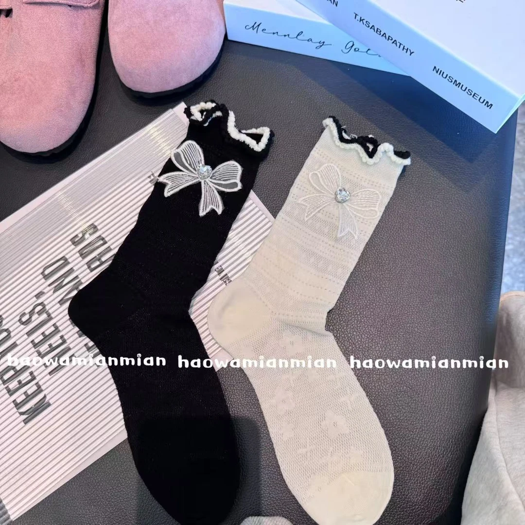 甜美花边玛丽珍中筒袜可爱少女春夏闪钻薄款蕾丝蝴蝶结jk堆堆日系