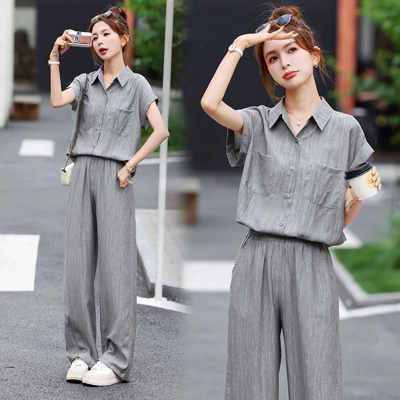 休闲衬衫时尚套装女2025夏季新款高级感洋气百搭垂感阔腿裤两件套