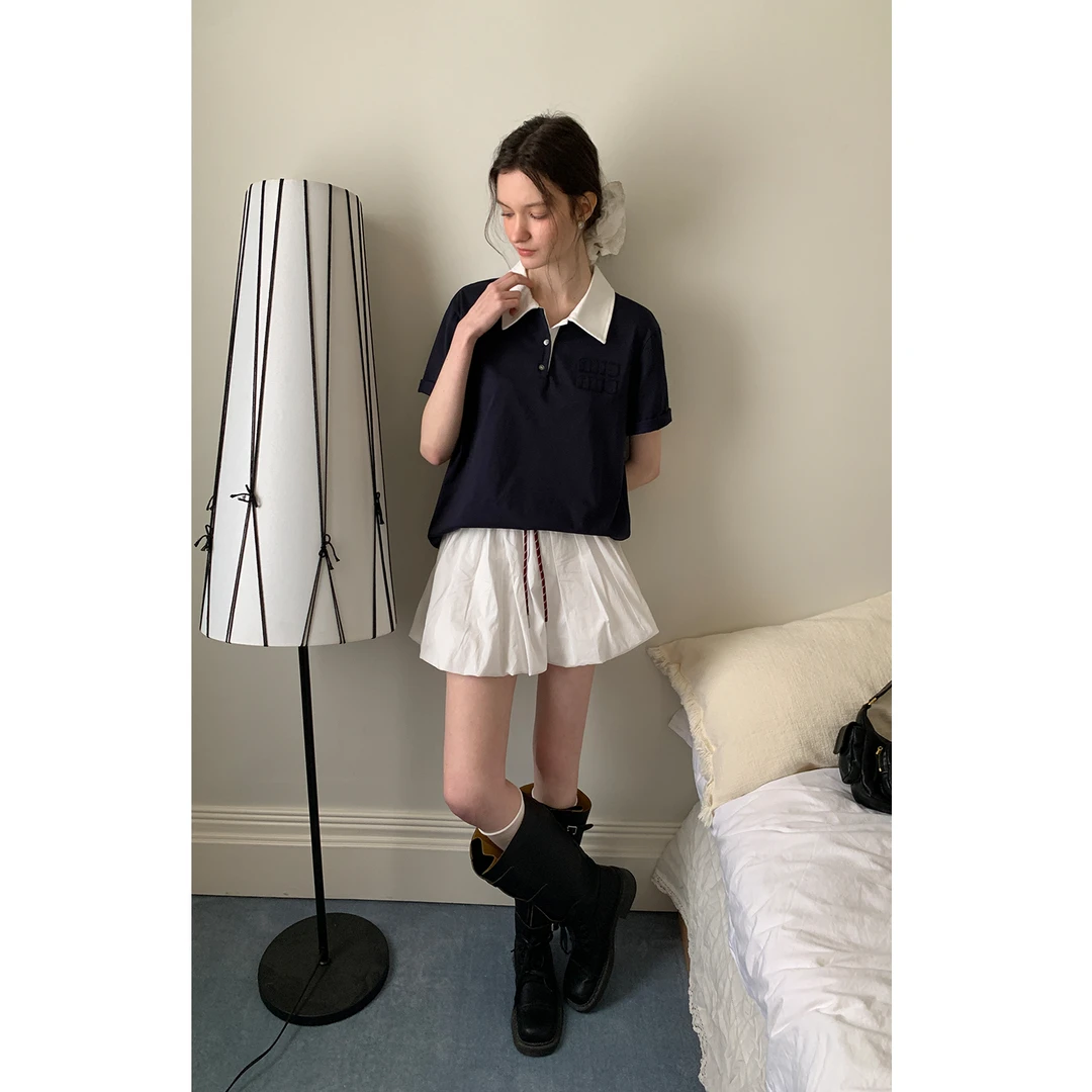 EGGKA 高腰花边系带花苞裙女夏简约气质A字蓬蓬半身裙 E25B3627AF