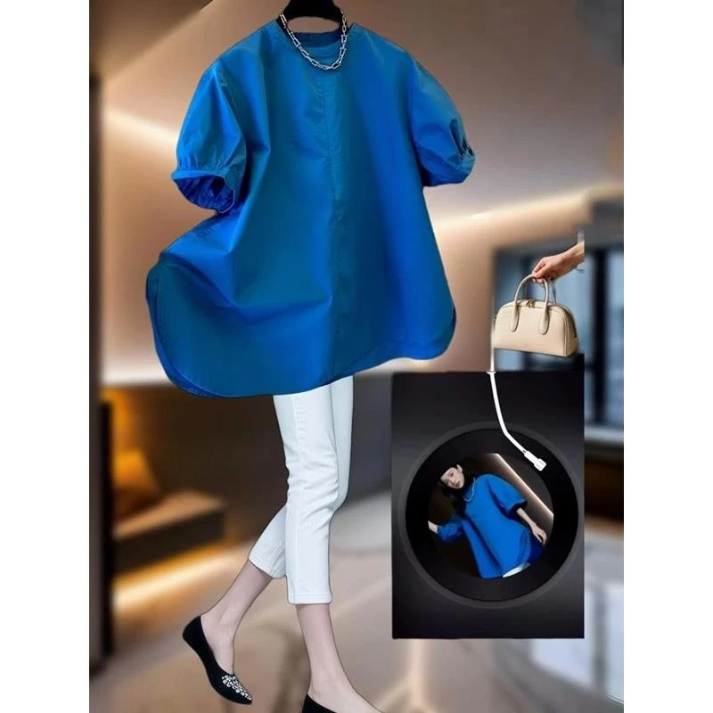 大码300斤夏新款小众不撞款气质上衣时尚洋气减龄蓝色短袖衬衫男