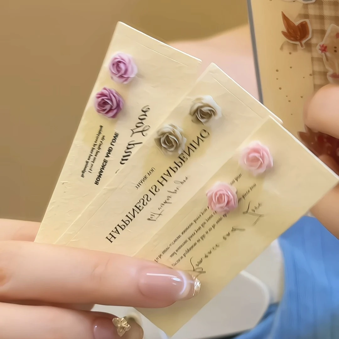 非金属树脂耳饰 加州粉色玫瑰花朵银针耳钉女气质小众设计感耳饰