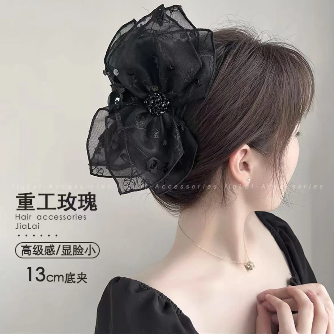 重工玫瑰蝴蝶结抓夹大号鲨鱼夹发夹女后脑勺盘发发抓头饰蕾丝气质