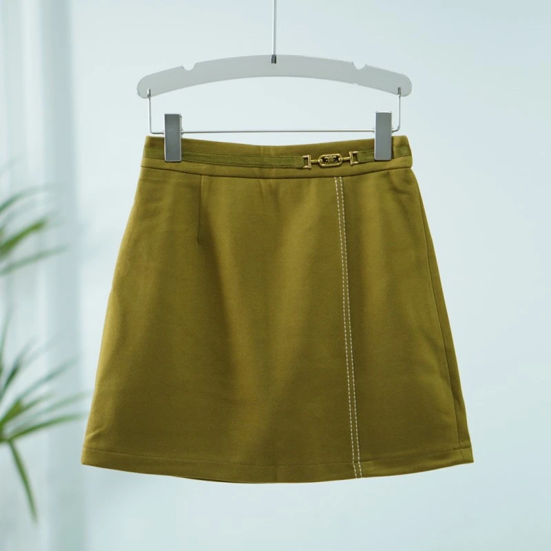 【诗M】O-433-2  女装春秋撞色绣线短半裙茶棕色2511062