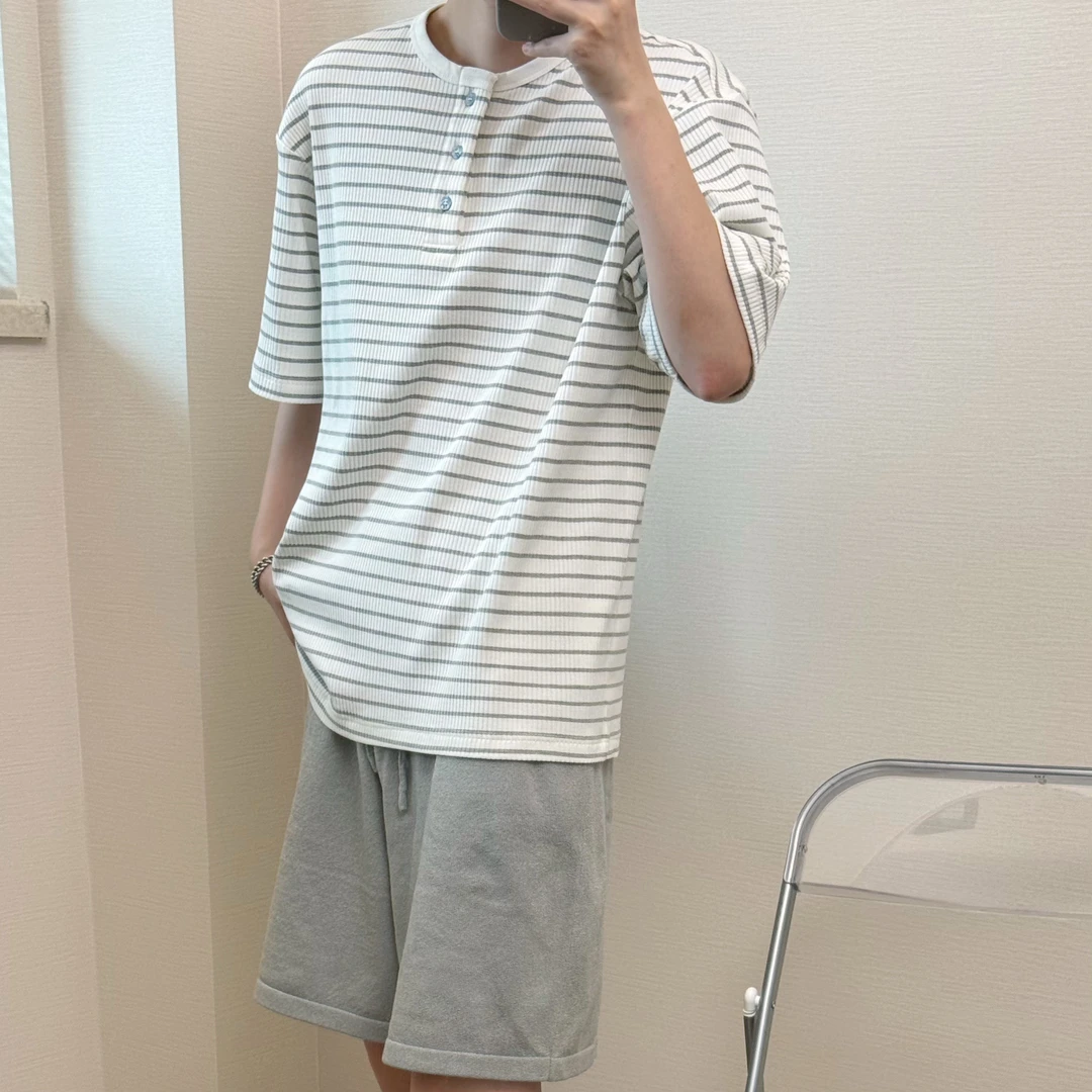 亨利领条纹短袖 纸片人显瘦夏季T恤
