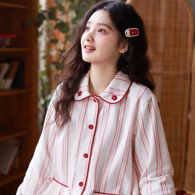 秋冬女款睡衣高级感长袖套装纯棉磨毛春秋休闲可外穿家居服套装