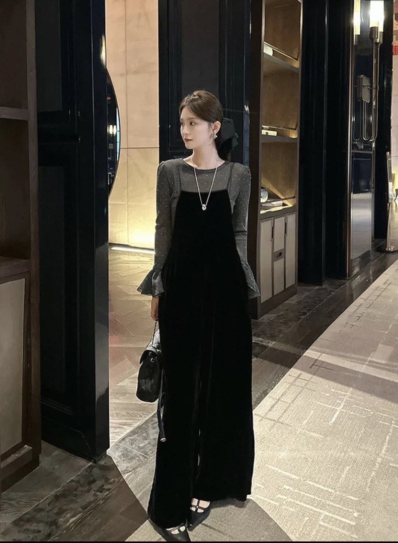 减龄独特超好看上衣黑色丝绒连体裤两件套装女2025秋冬新款9124#
