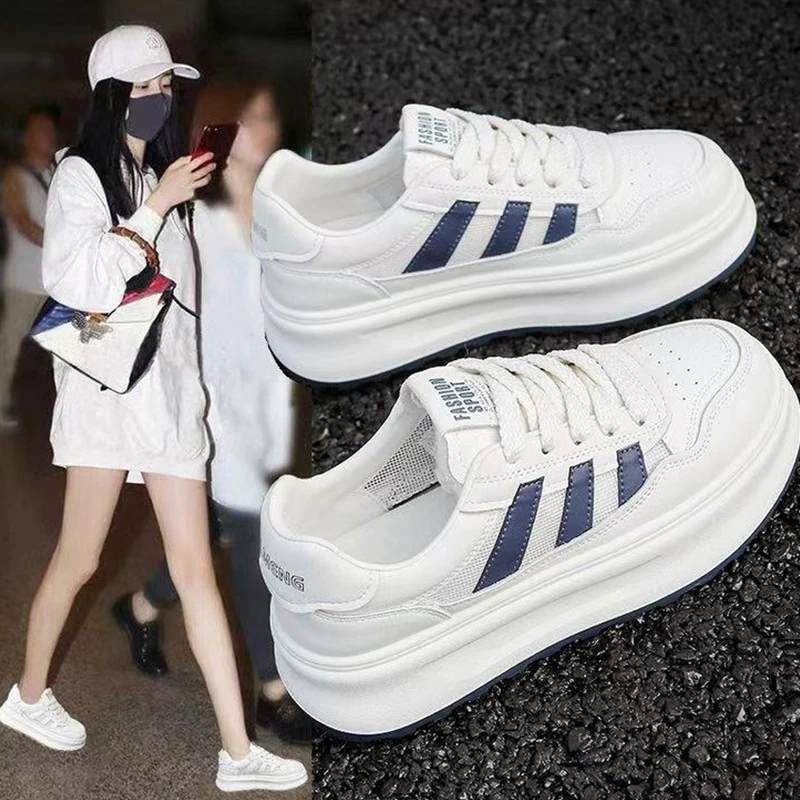 真皮厚底透网小白板鞋女春夏季时尚增高休闲四季款板鞋C312小白鞋
