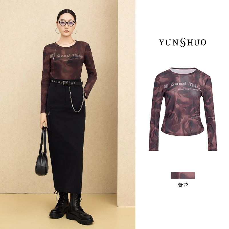 允硕春季新品时尚百搭印花字母圆领女装透气套头简约上衣349616