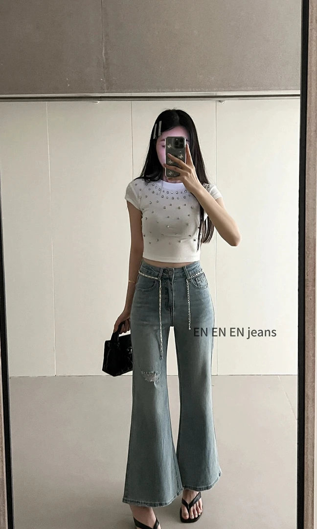 越野兔//九分牛仔微喇裤配链条