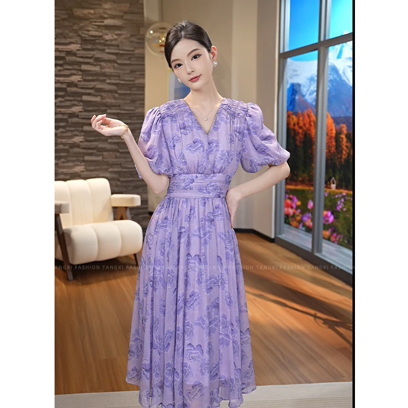 2026年夏季新款【7153】法式高级感气质紫色V领碎花连衣裙子女