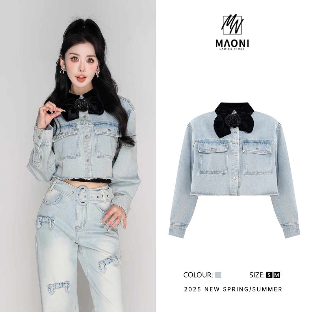 毛妮Peshe【丝绒领拼接牛仔外套】蝴蝶结翻领撞色长袖配胸花春L1352