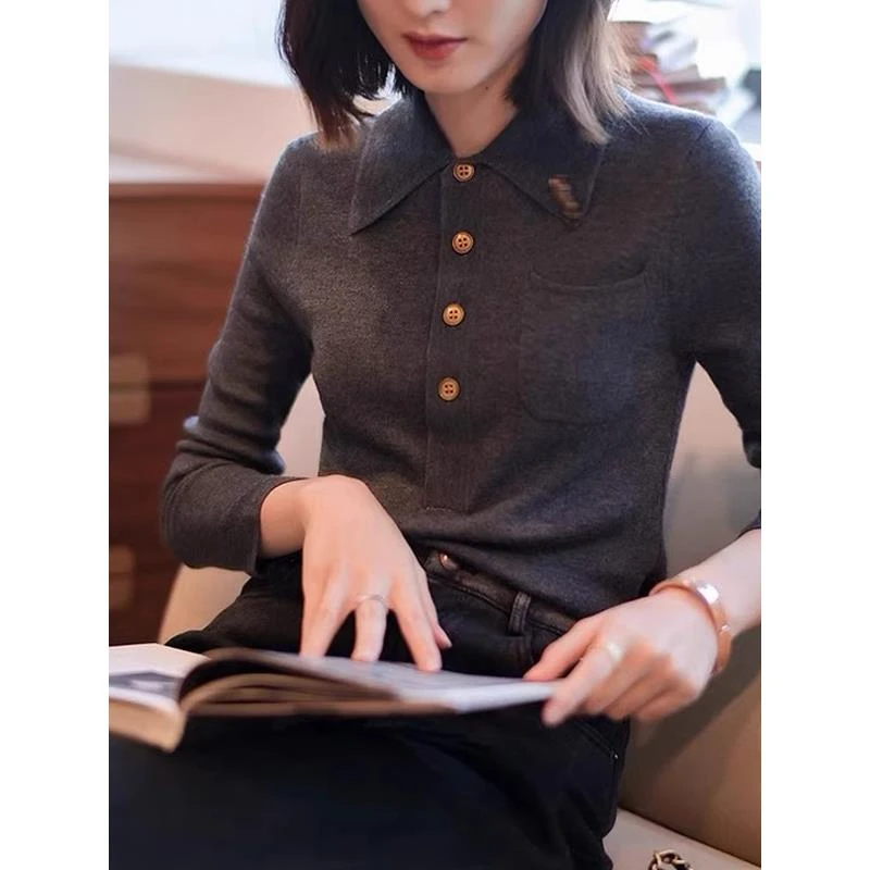 哥弟阿玛施正品2025秋冬季新款气质POLO领羊毛针织衫女款打底上衣