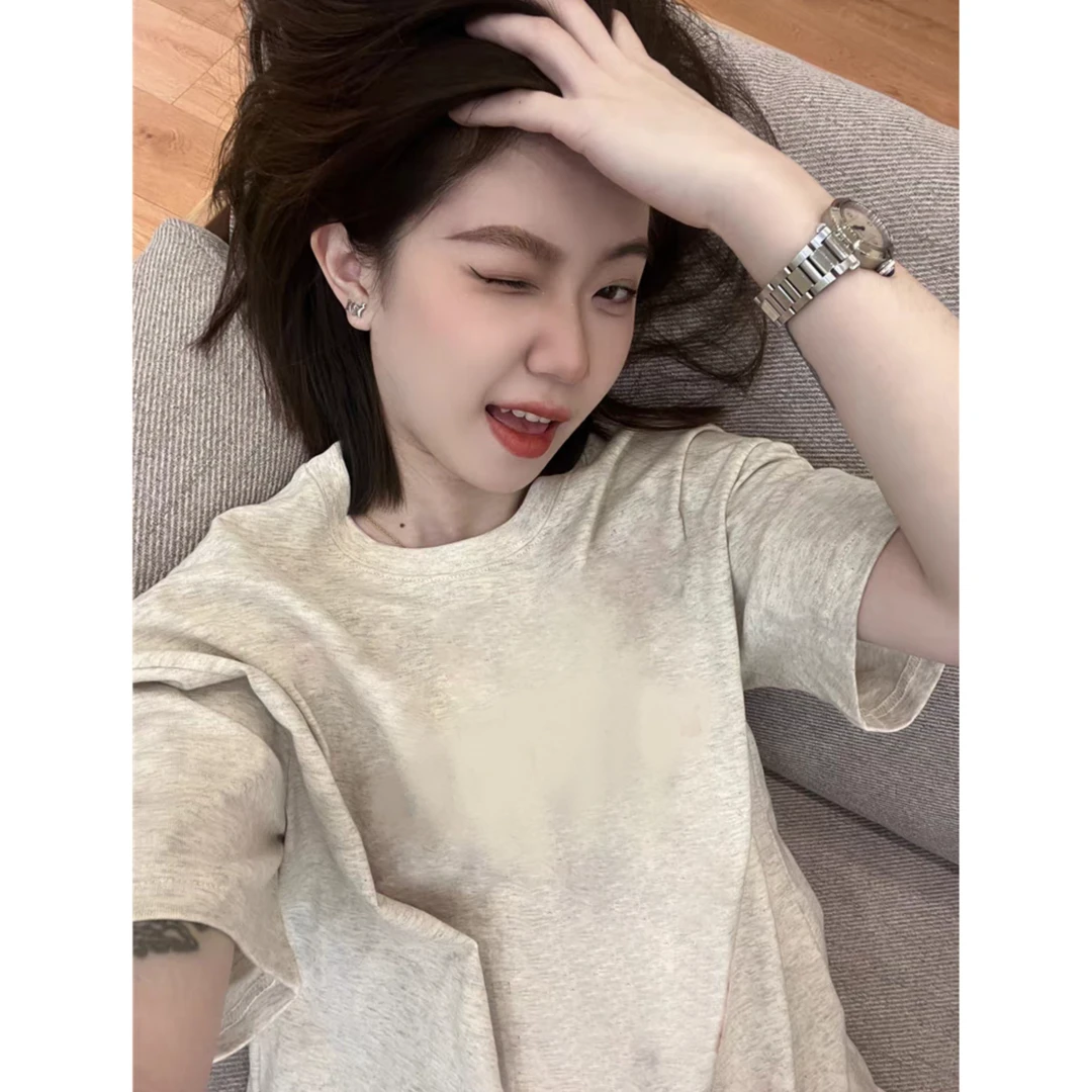 260克长绒棉纯色高级感宽松慵懒风圆领百搭纯棉休闲大版短袖上衣