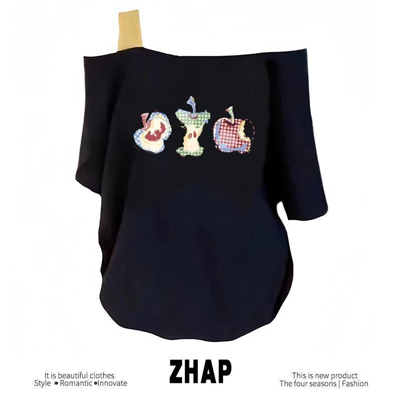 【ZHAP】新款单肩露肩吊带宽松短袖t恤女藏青色一字领印花百搭上衣