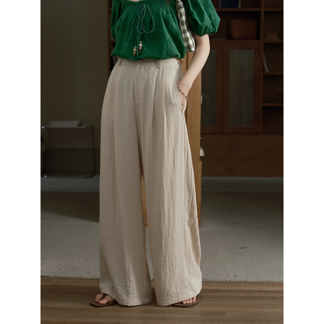 谜秀天然【亚麻】混纺阔腿裤子女2025夏季高腰显瘦百搭宽松裤子休闲