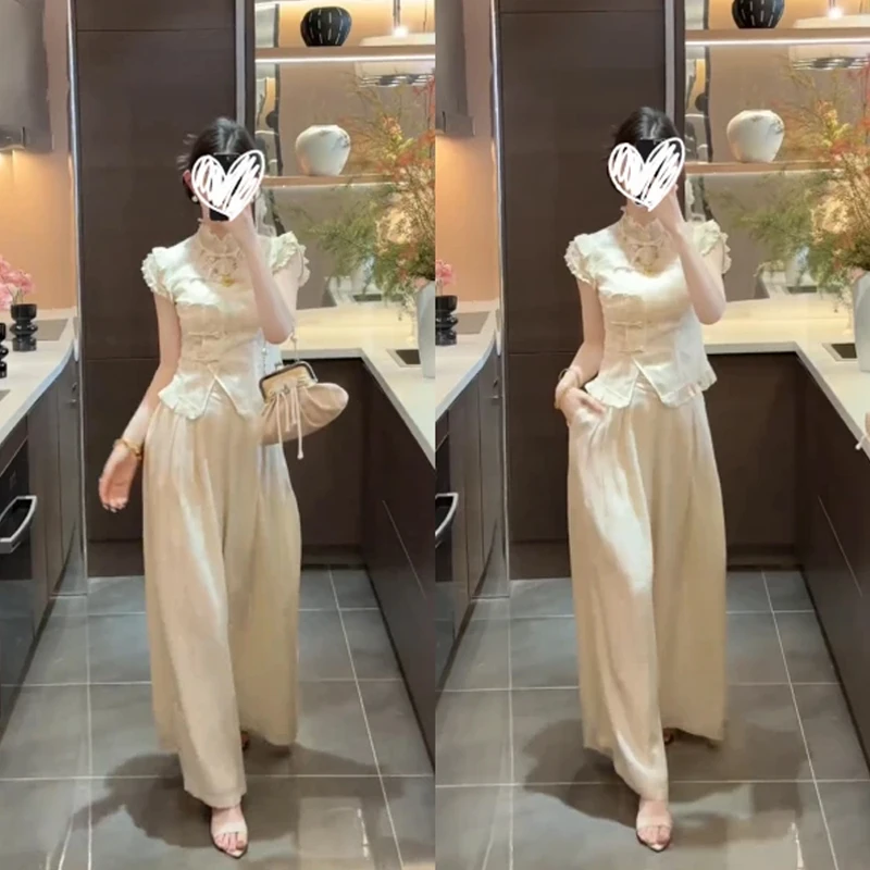 2025超火夏装一整套五一旅游出街衣服新中式国风杏色衬衫套装裤