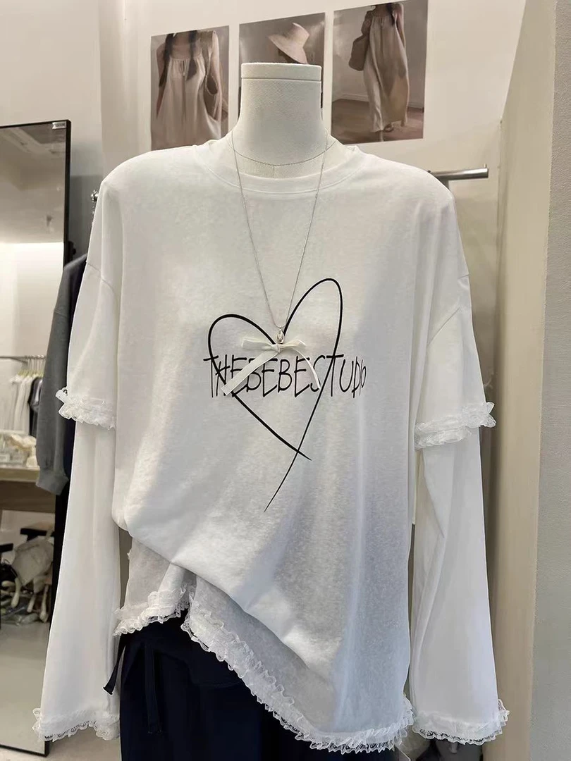 【爱心T】拼接蕾丝印花长袖T恤