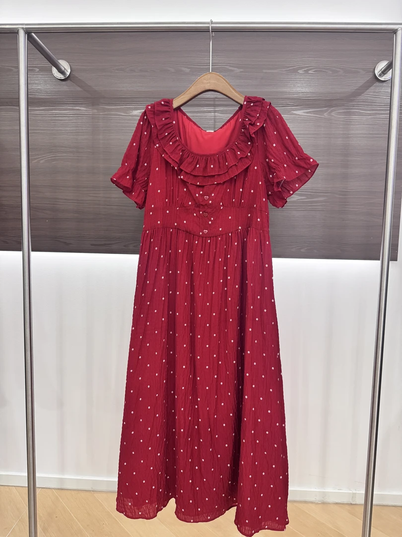 泡泡袖长裙波点夏季连衣裙圆领高腰短袖连衣裙