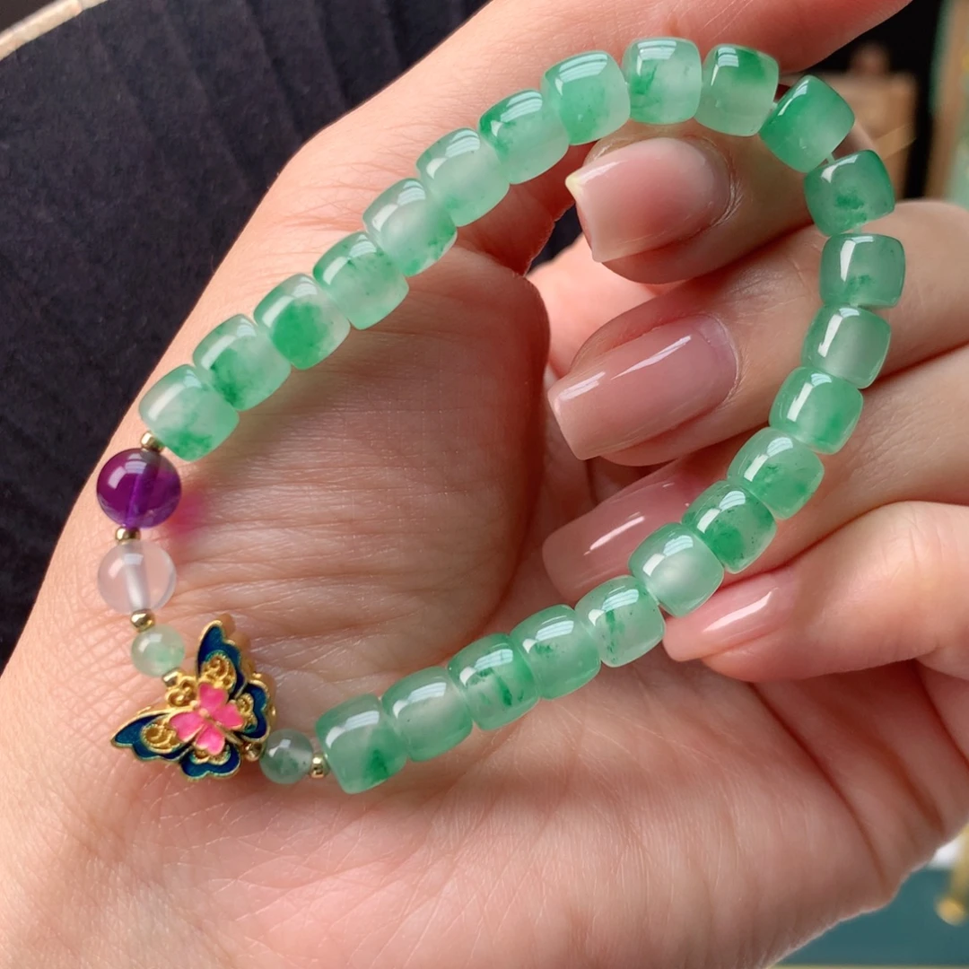 石英质玉（非洲翠）银S925镀金镶嵌冰飘花精品手串