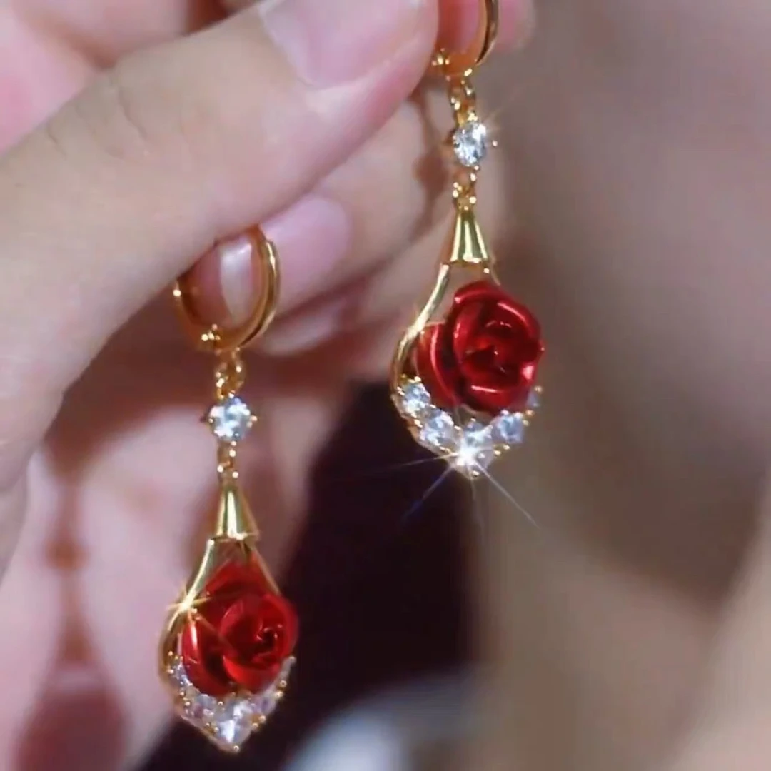 925银针锆石耳饰 【111号】秋冬新款红色玫瑰花复古百搭超仙耳环