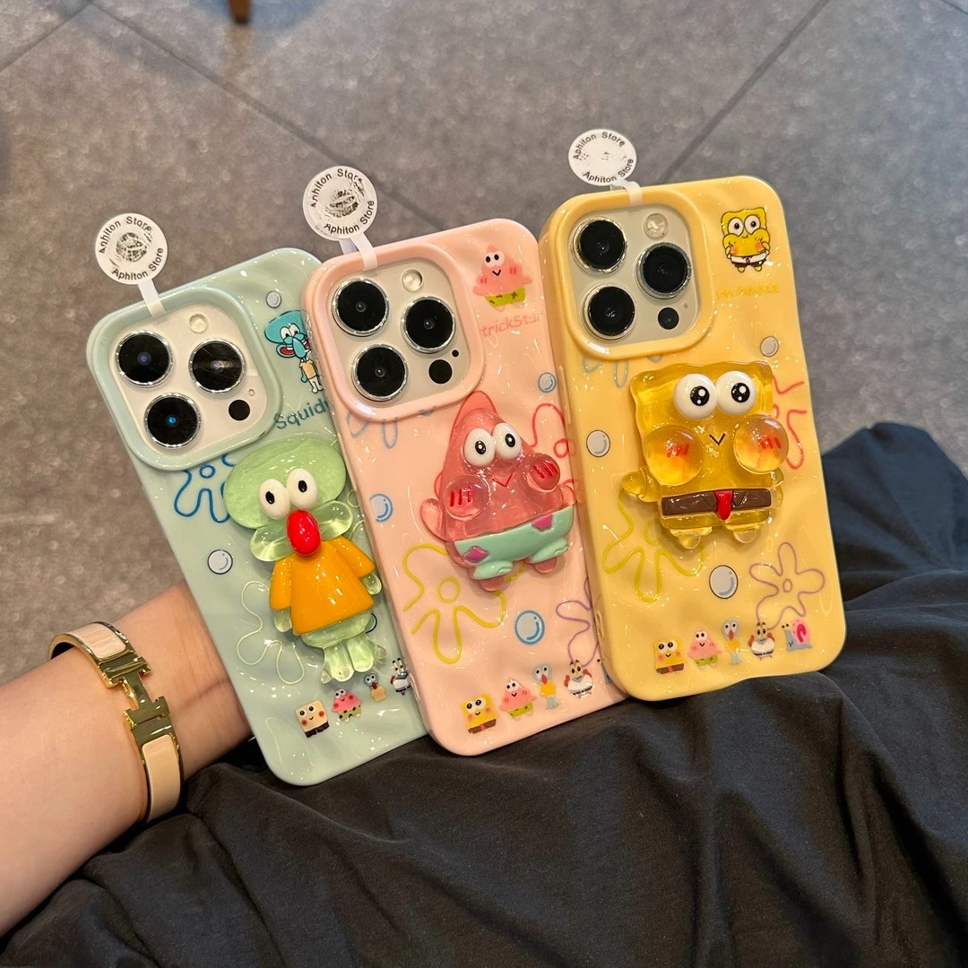 适用立体卡通比奇堡iPhone15苹果16pro可爱陨石纹手机壳14苹果131