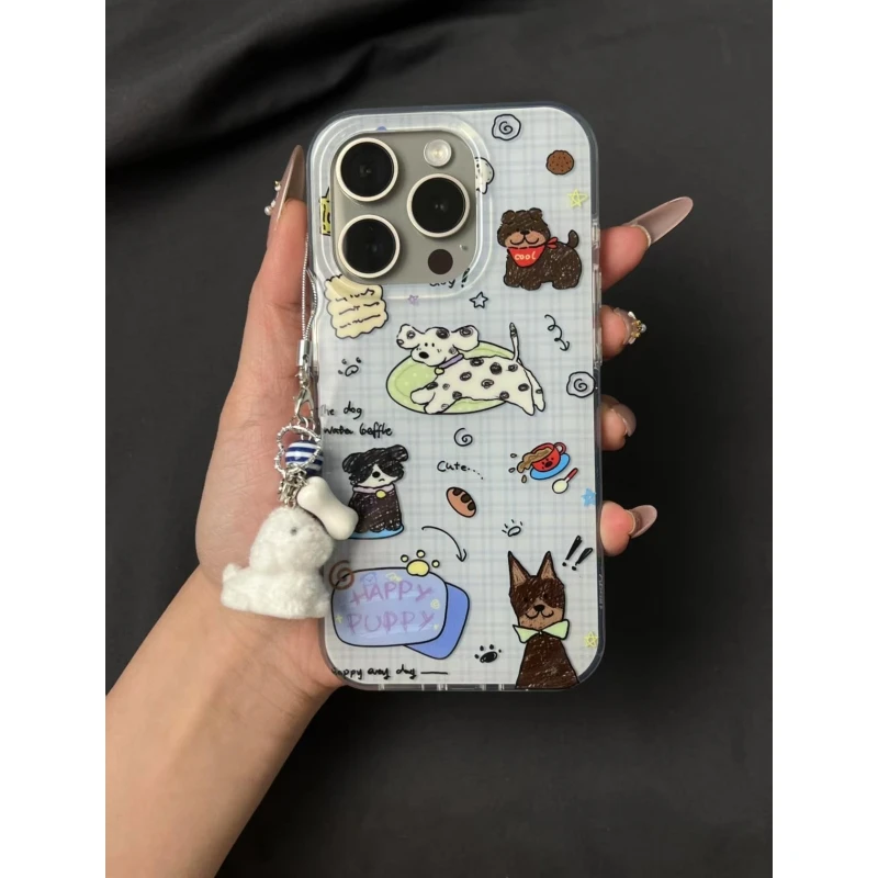 奥菲顿蓝格子涂鸦小狗适用iPhone16大孔手机壳华为vivo小米oppo套